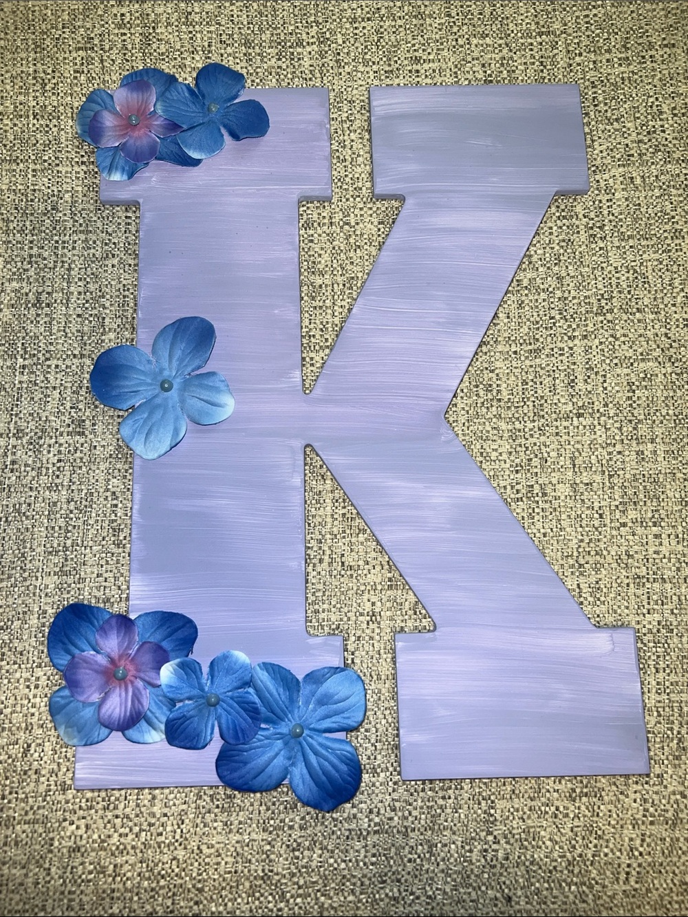 Handmade/Handpainted Decorative Lavender Letter K with Blue Floral Accents